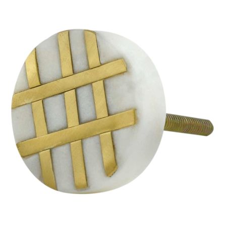 White Round Marble Brass Striped Cabinet knob